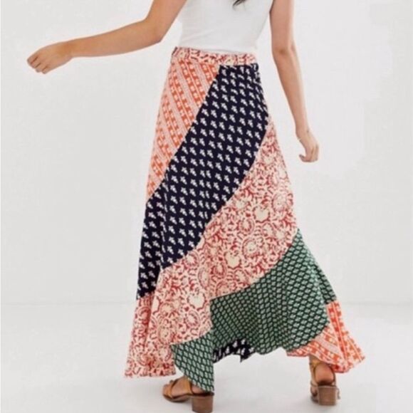 Free People Polska Hidden Earth A-Line Maxi Skirt Patchwork Boho Flowy Size 8 - Picture 2 of 9